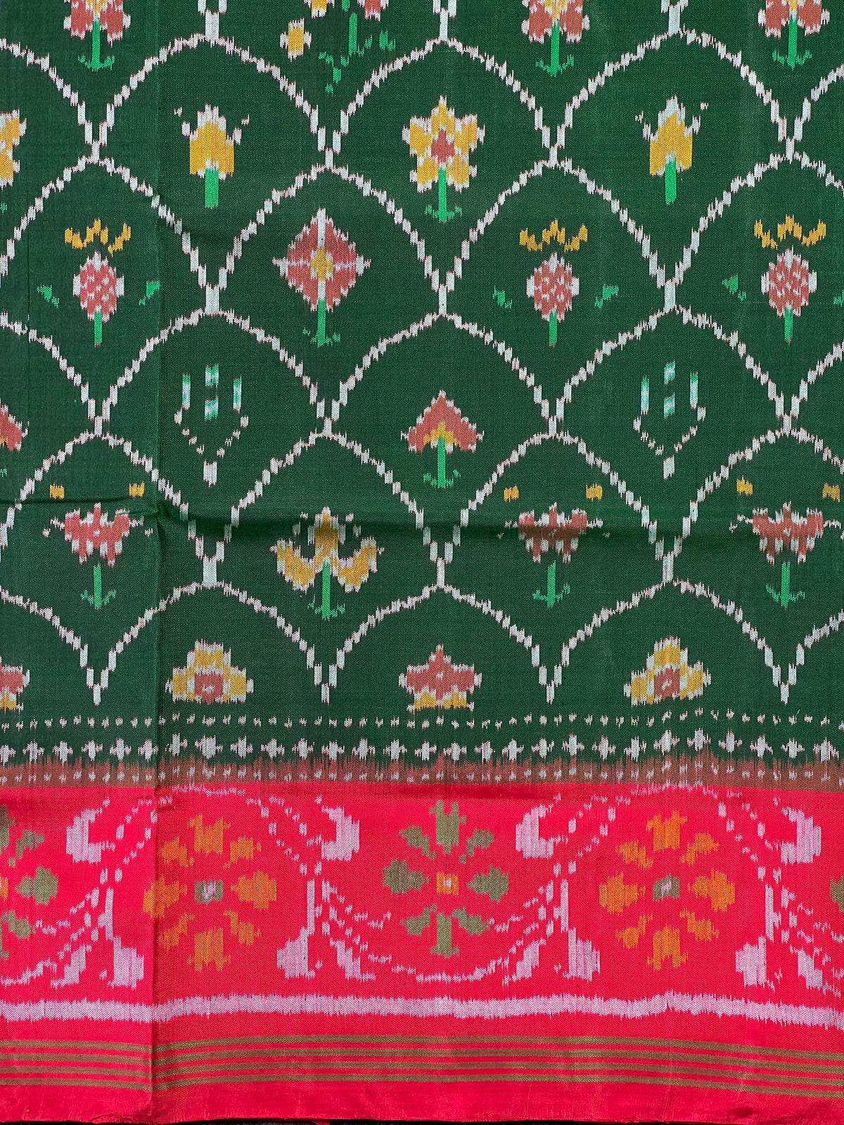Red-Green Fancy Design Handwoven Patola Silk Saree