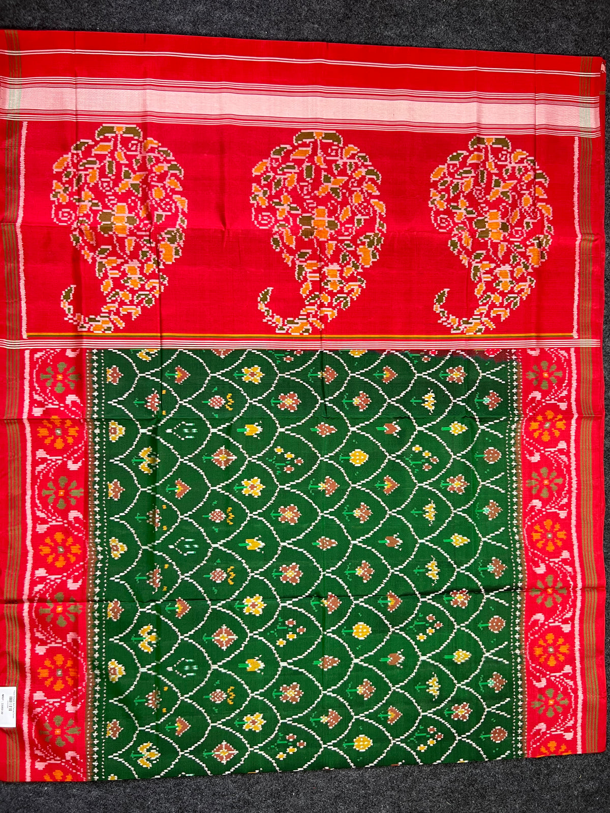 Red-Green Fancy Design Handwoven Patola Silk Saree