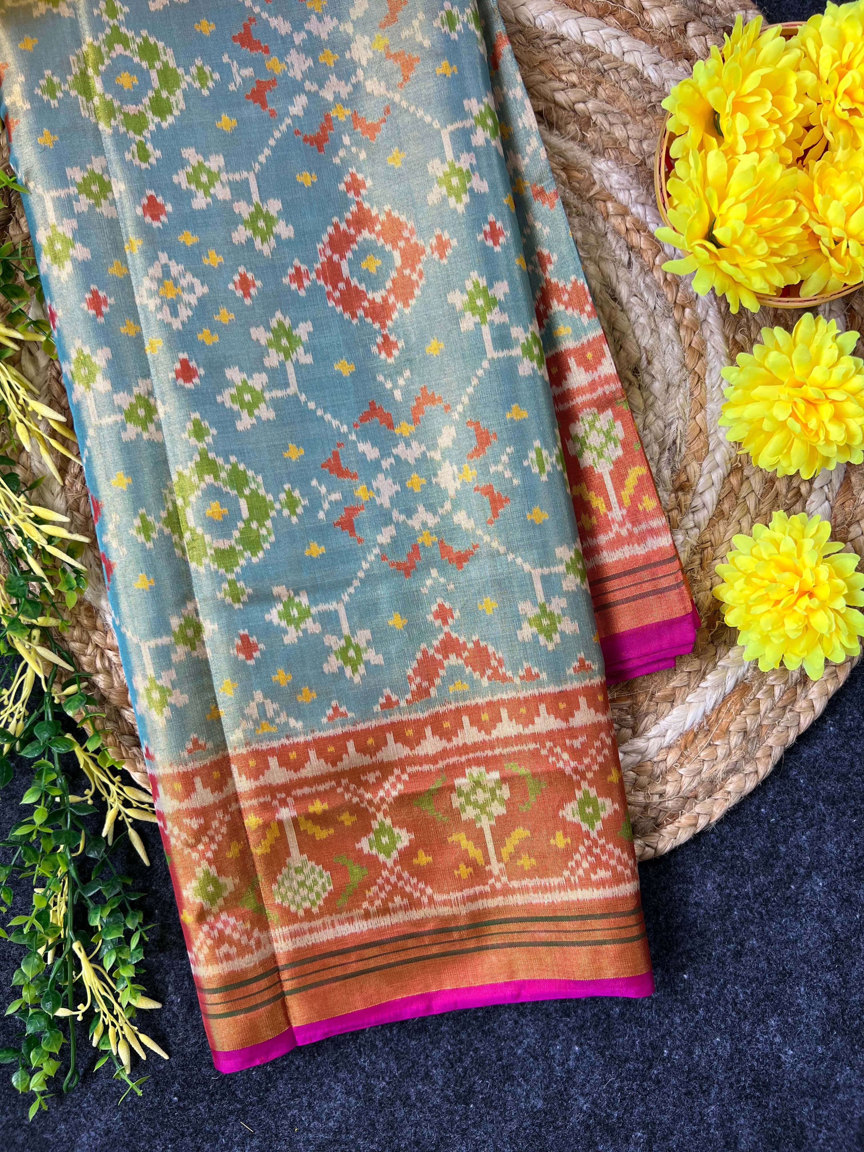 SkyBlue Navratna Design Tissue Double Zari Patola Saree