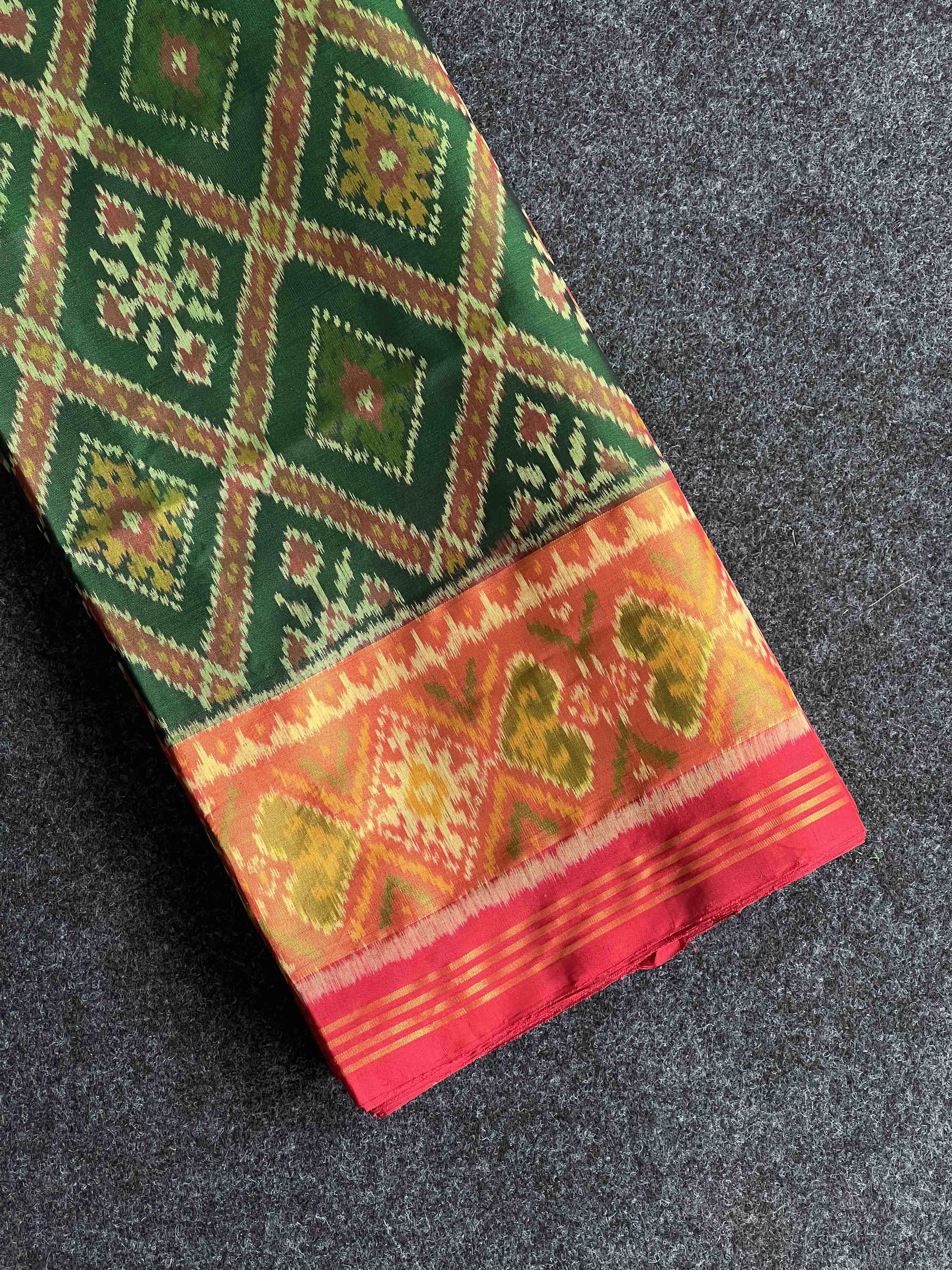 Green and Red Traditional Design Handwoven Patola Silk Saree