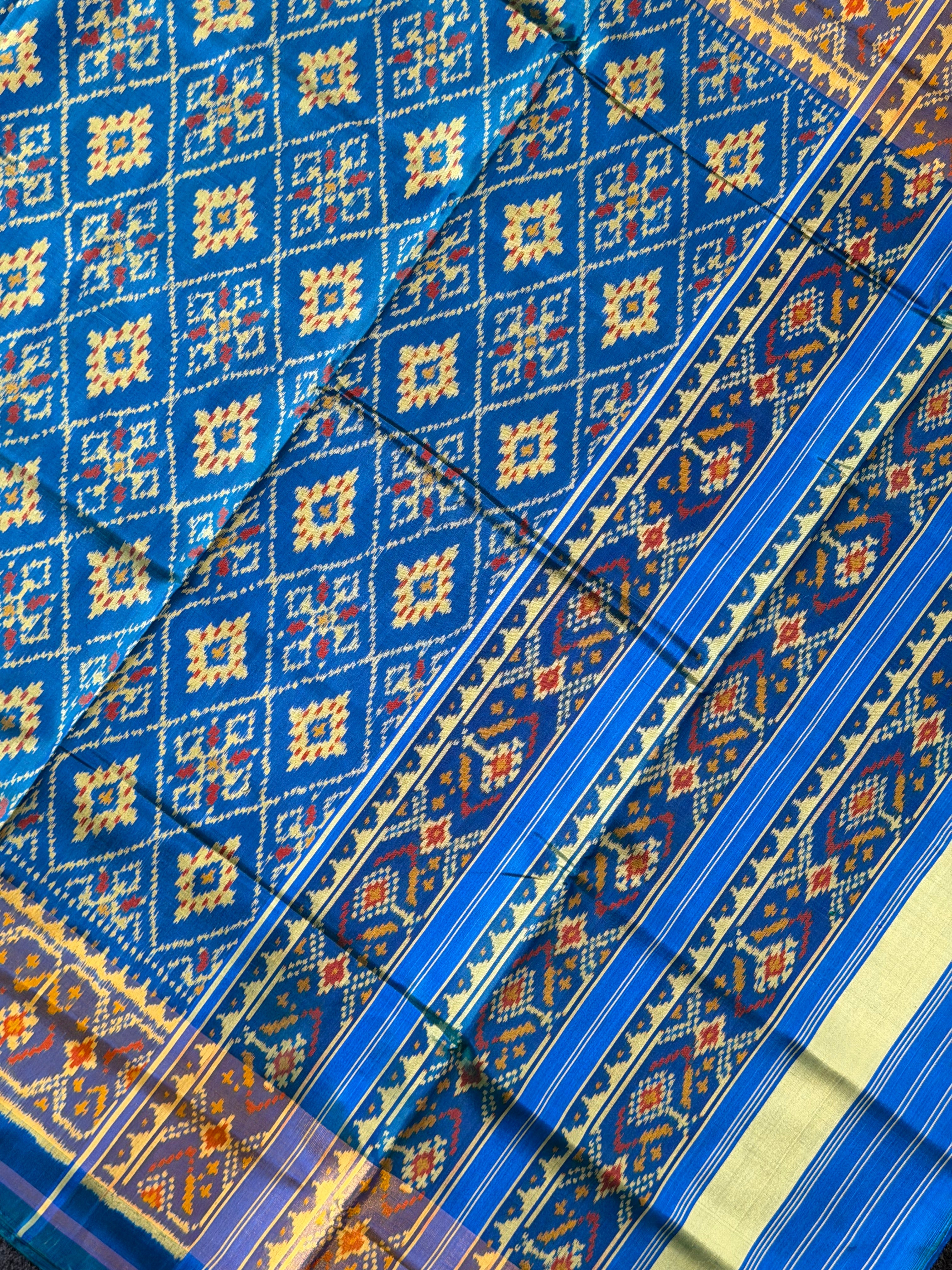 Blue Pan-Chanda Traditional Design Handwoven Patola Silk Saree