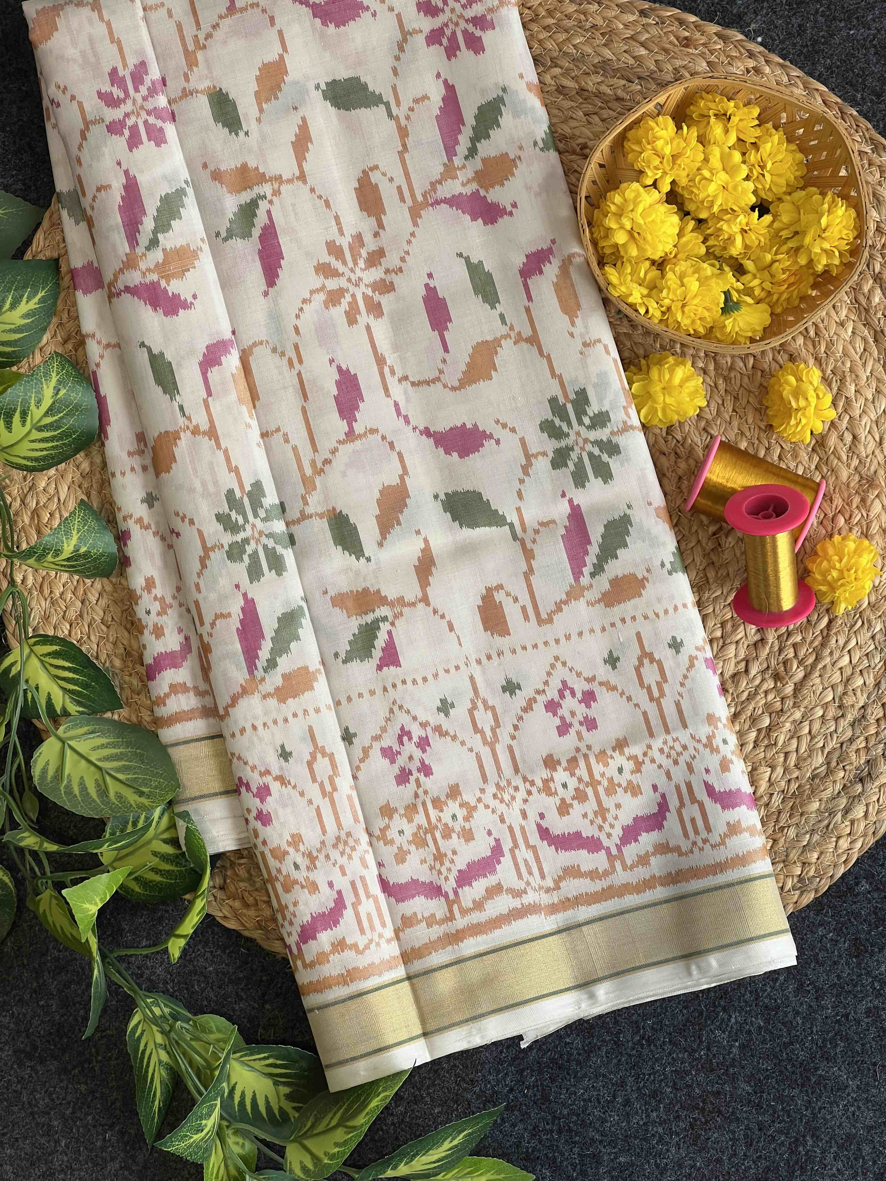 Handwoven Patola Silk Saree Fancy Off. White Main image