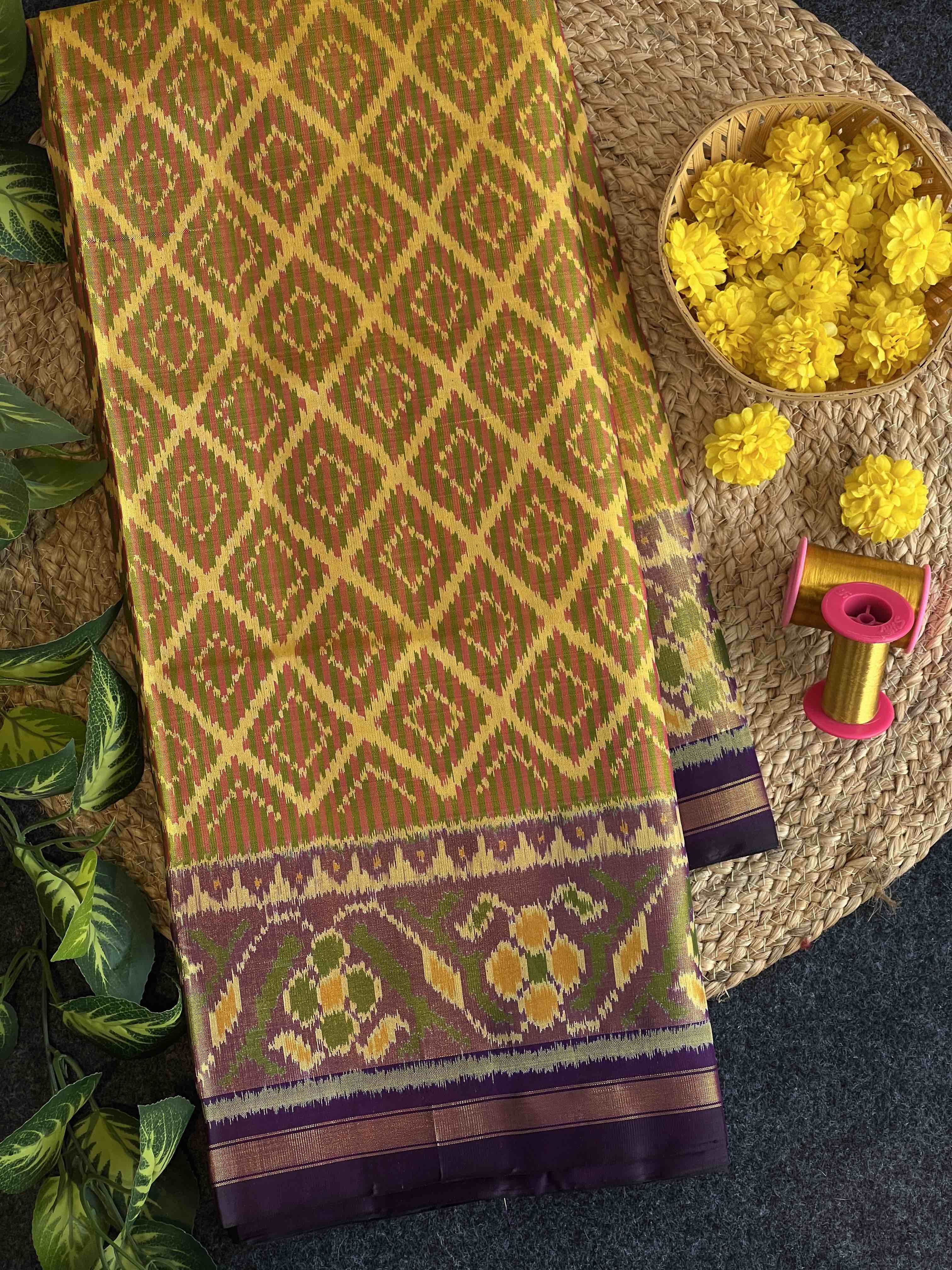 Mustard and Purple Tradition Design Handwoven Patola Silk Saree